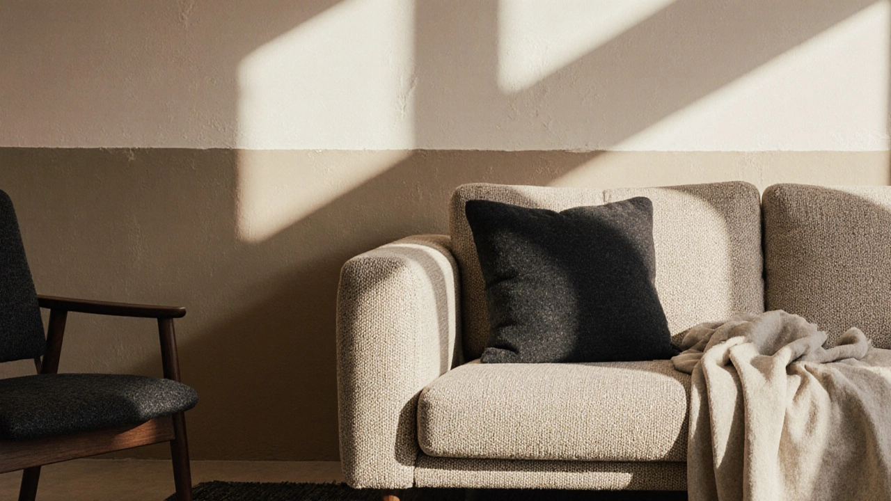 Textured beige sofa with charcoal pillow and walnut chair, illuminated by natural light.