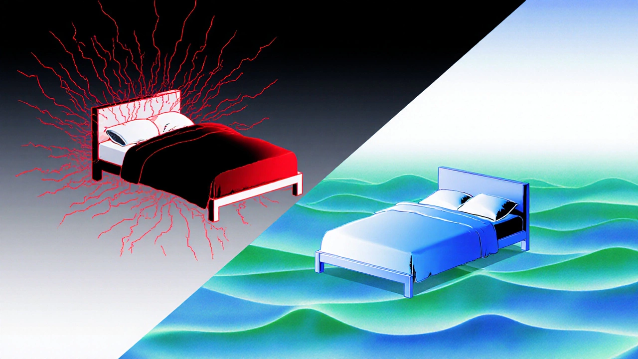 Two beds side by side: one facing north with disruptive red energy, the other facing south with calming blue waves, symbolizing sleep quality contrast.