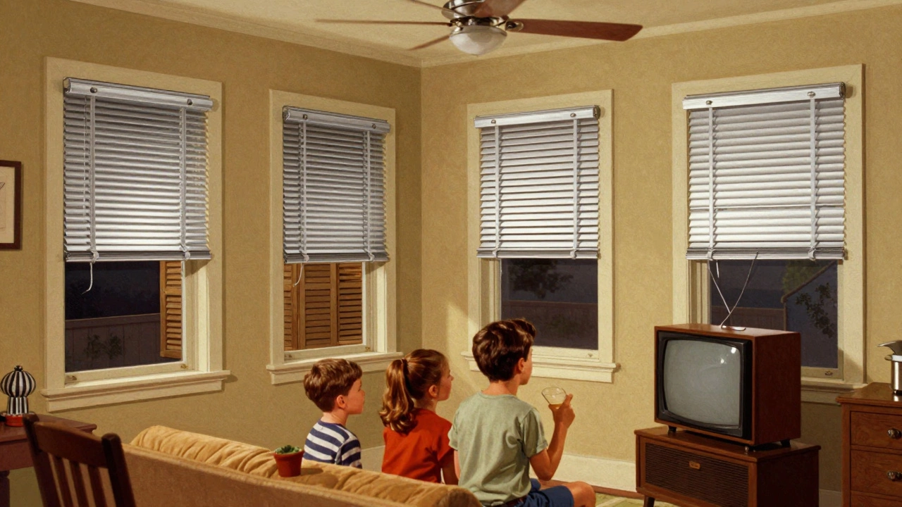 1950s American home interior with aluminum blinds in all windows, no fabric drapes visible.