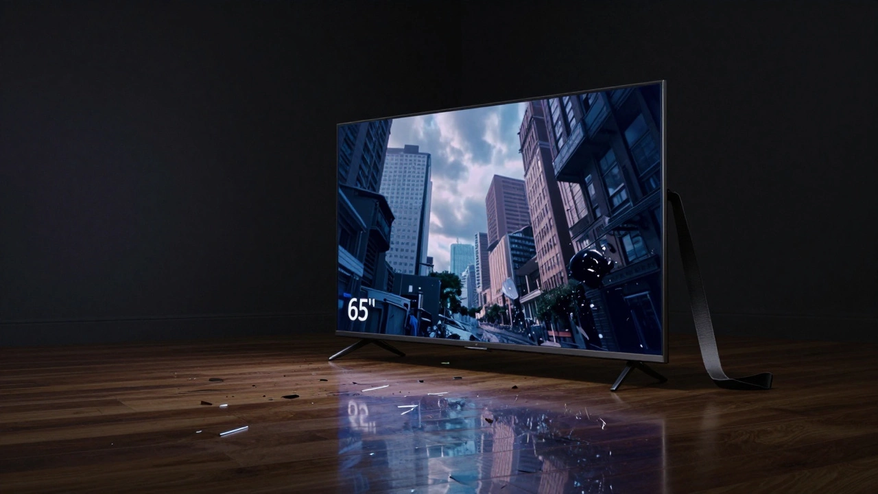 A 65-inch TV tipping forward off a narrow stand, mid-fall, with a dangling safety strap.