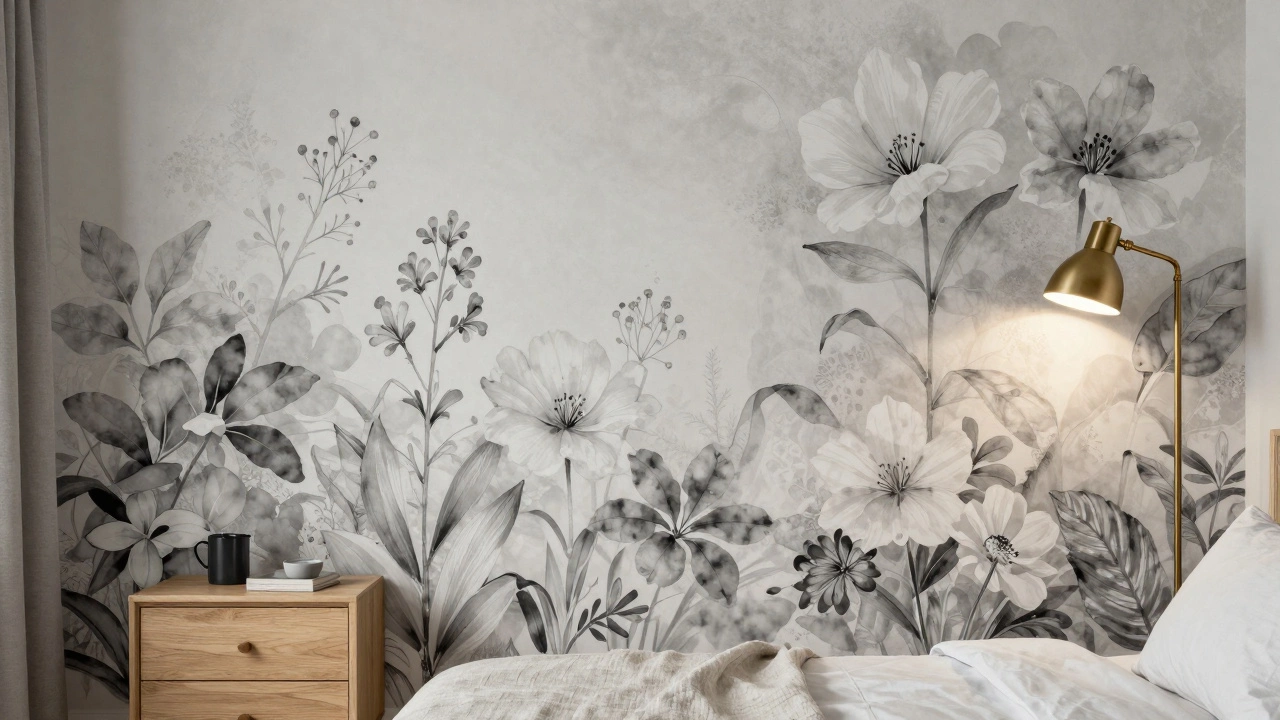 A bedroom accent wall with monochrome watercolor florals on a light background.