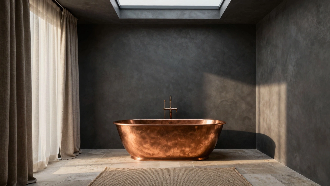 A charcoal-walled bathroom with copper tub and linen curtains, glowing in golden hour light from a skylight.