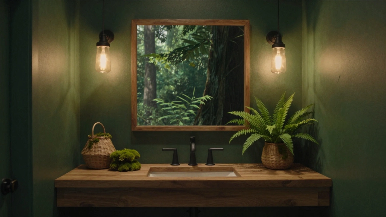 A deep forest green bathroom with matte black fixtures and wooden vanity, lit by warm pendant lights.
