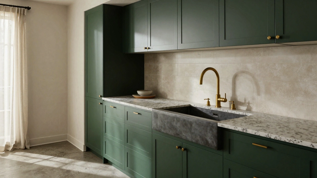 A deep green kitchen with integrated sink and brass hardware, featuring unpolished stone floors and matte finishes.