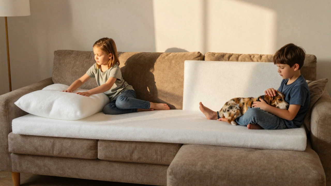 A family on a sofa, one cushion sagging while another retains its shape, natural home setting.
