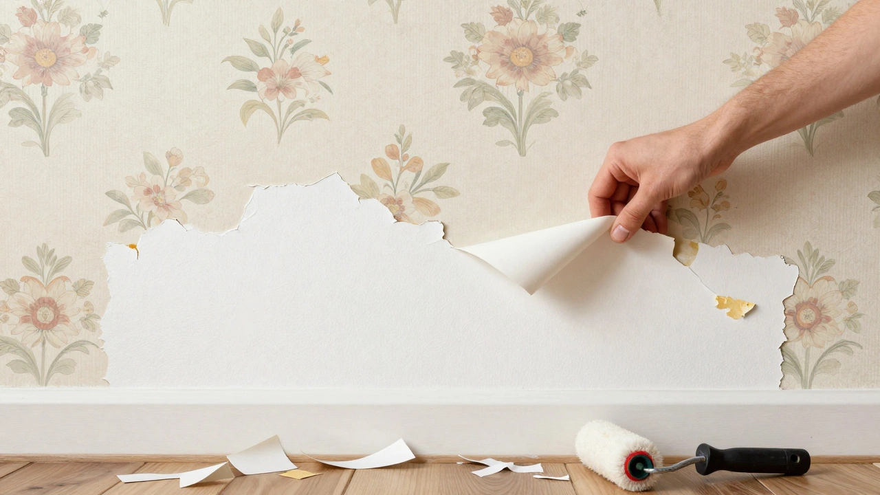 A hand peeling off old floral wallpaper to reveal a smooth white wall underneath.