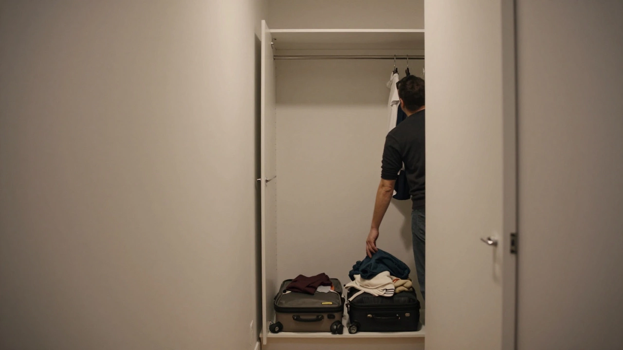 A modern IKEA PAX wardrobe in a Berlin rental apartment, next to packed suitcases, emphasizing portability.