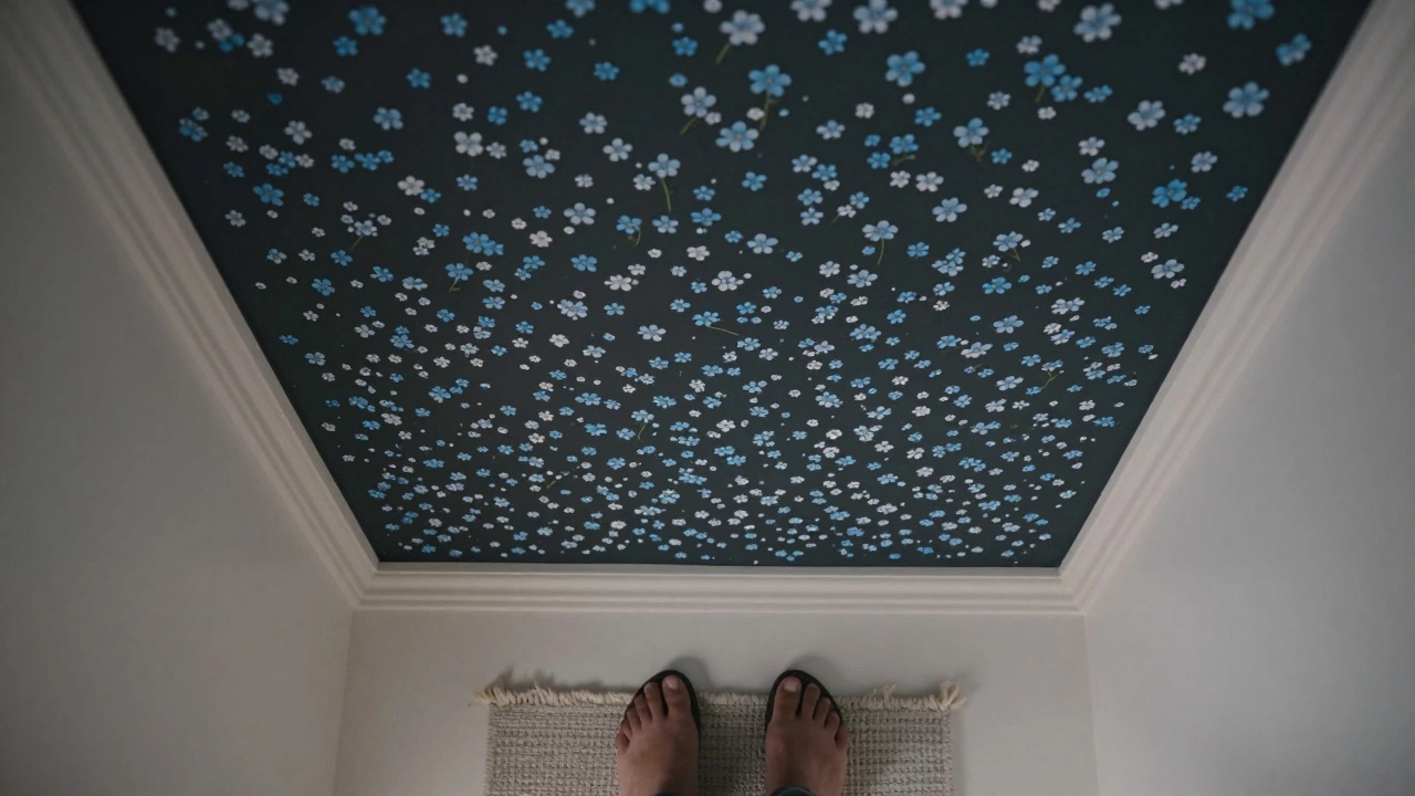A powder room ceiling decorated with delicate blue forget-me-nots on dark background.