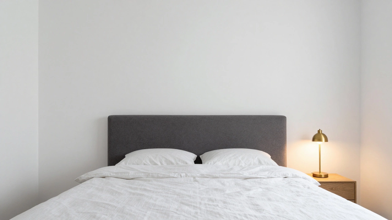 A serene bedroom with white walls, charcoal bed frame, and a single brass lamp glowing softly.