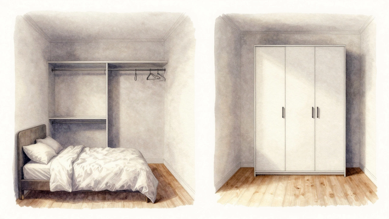 A split illustration comparing cramped American closets with open European wardrobe storage.
