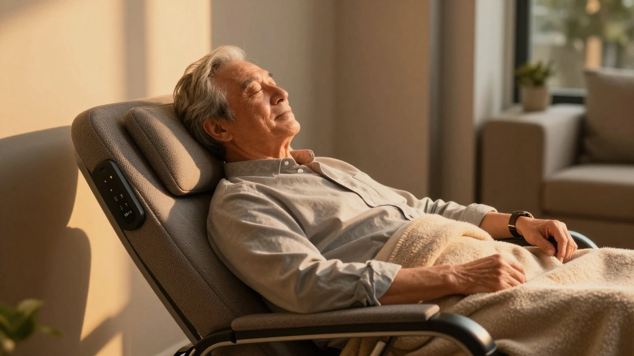 An elderly man peacefully sleeping in a lift recliner with head elevated.