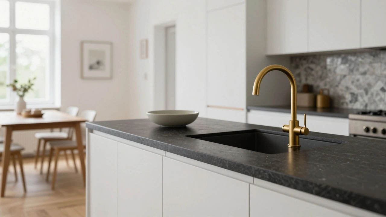 An open-plan kitchen with white cabinets, dark stone countertop, and a single brass faucet as the accent.