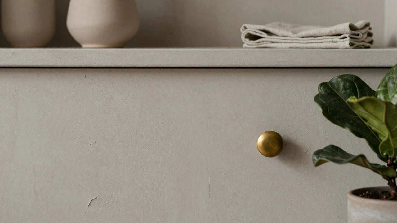 Close-up of hand-troweled plaster wall with brushed brass hardware and a potted plant, highlighting natural texture.