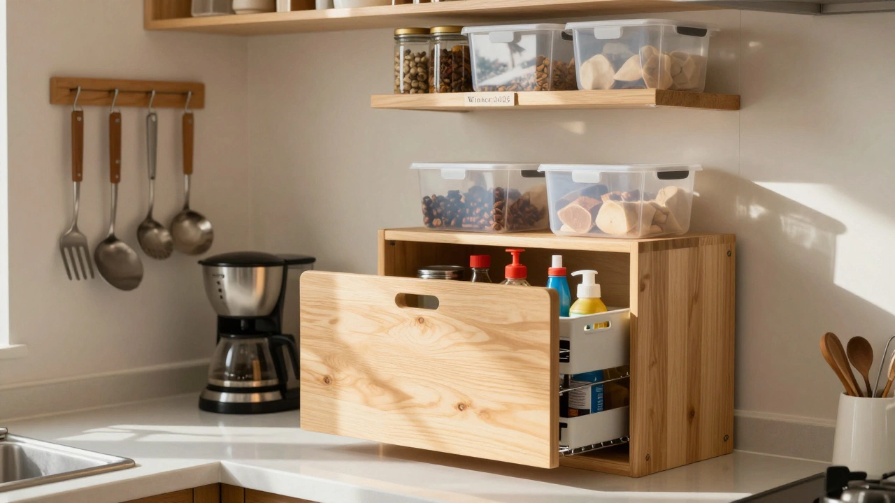 Compact kitchen with magnetic utensil strips, hanging pots, and labeled clear bins on high shelves.