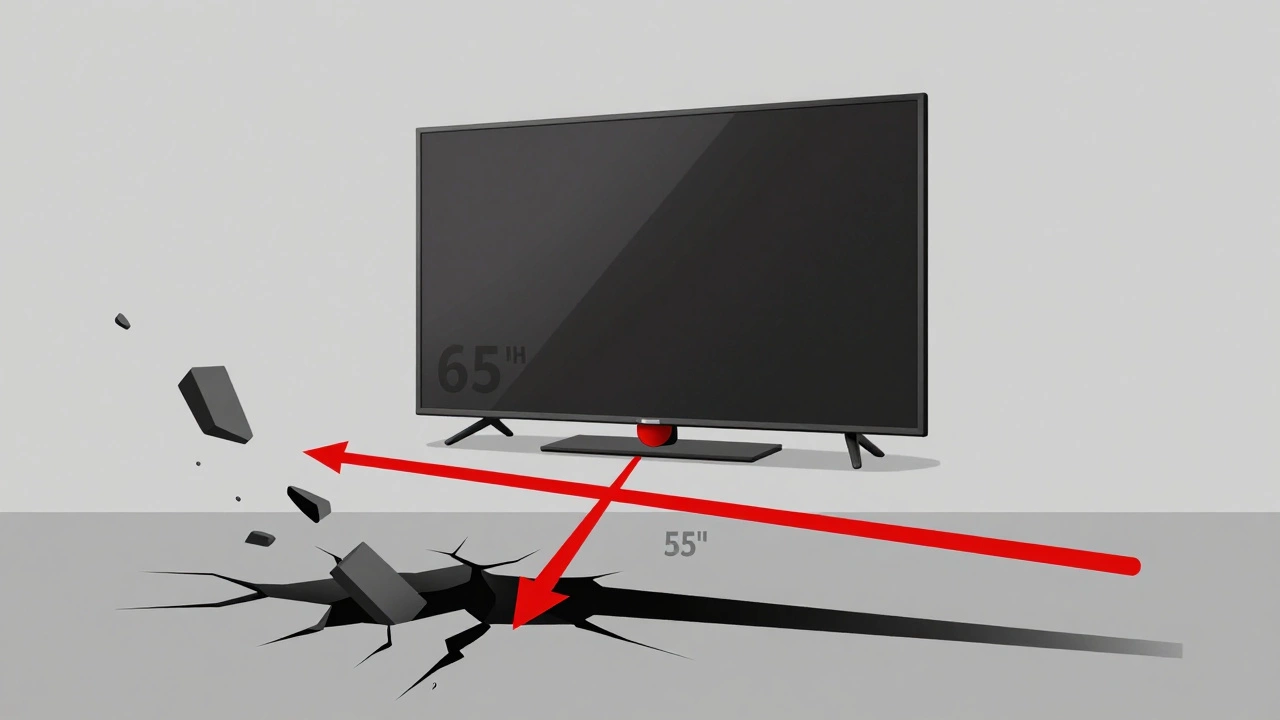 Conceptual image of heavy TV base over narrow stand with force arrows and cracking floor.
