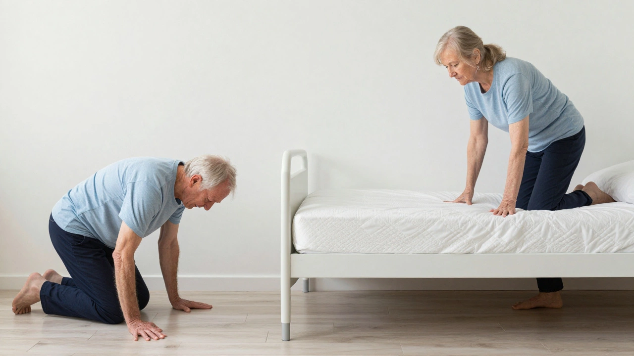Contrasting images of an elderly person struggling to rise from the floor versus easily standing from a supportive bed.