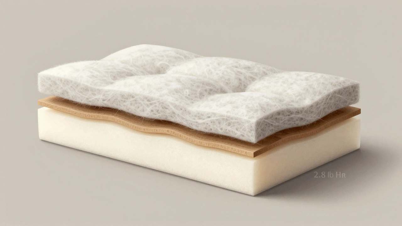 Cross-section of a sofa cushion with layers of HR foam and fiber wrap, highlighting internal structure.