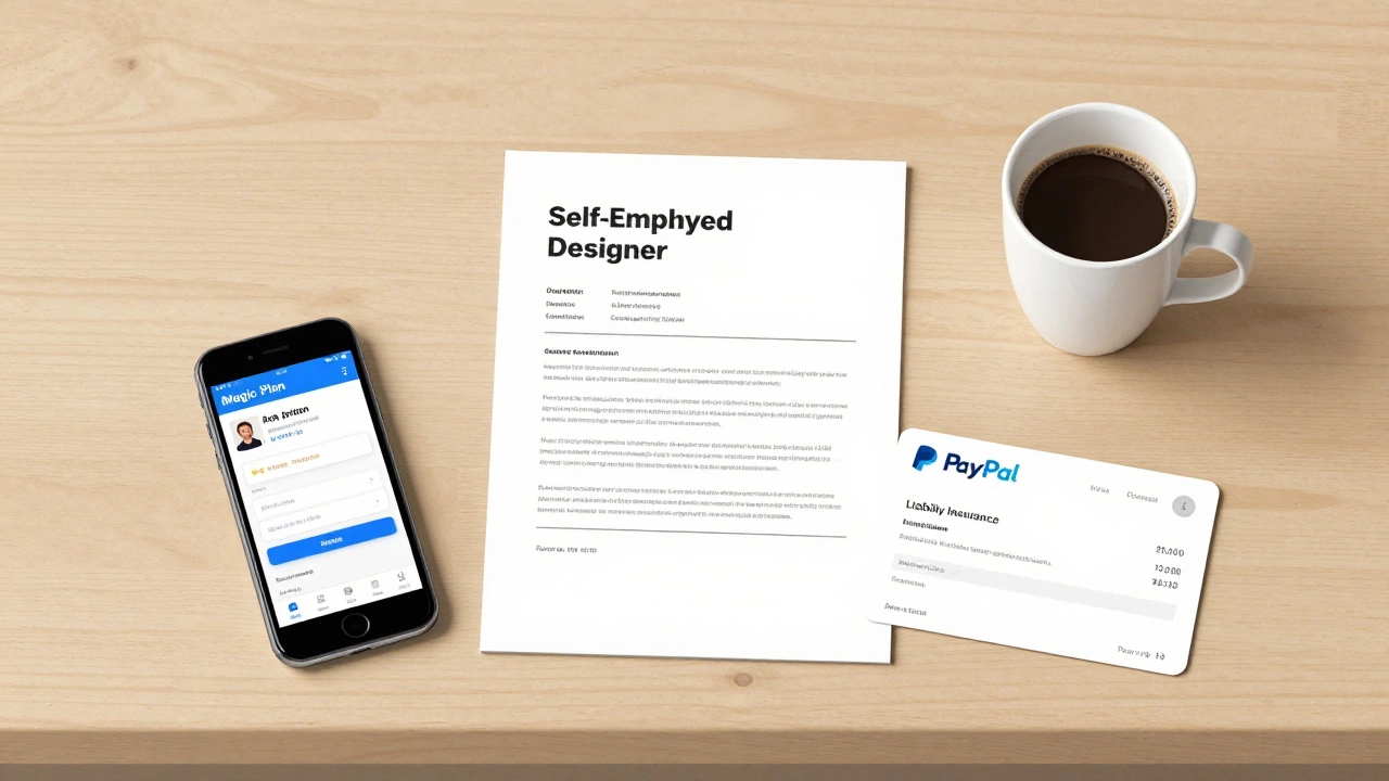 Minimalist desk setup with tools of a freelance interior designer: phone, printed case study, insurance card, and invoice, symbolizing business readiness.
