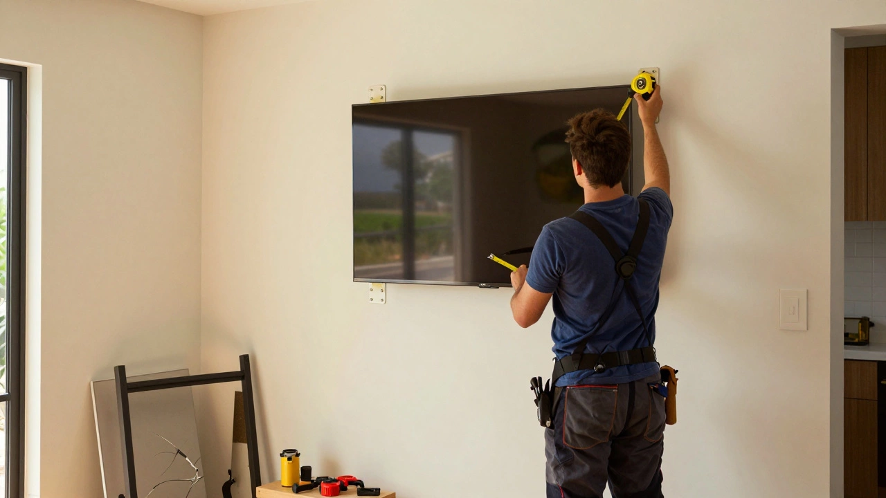 Professional installing a TV on a wall with visible studs and safety strap, old stand in corner.