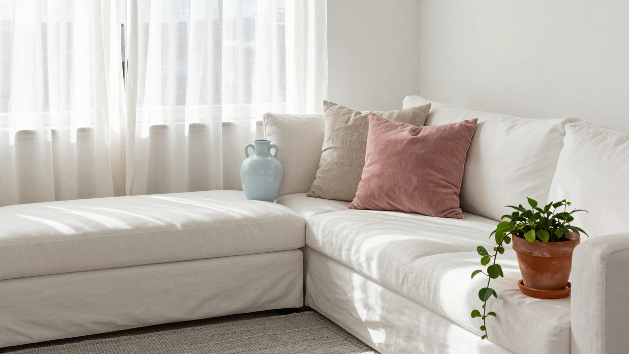 Soft pastel accents on white sofa beside terracotta plant in sunlit room