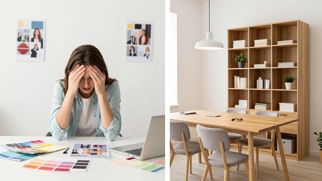 Split image showing a cluttered, stressful living space transformed into a serene, organized interior with warm lighting and smart storage.