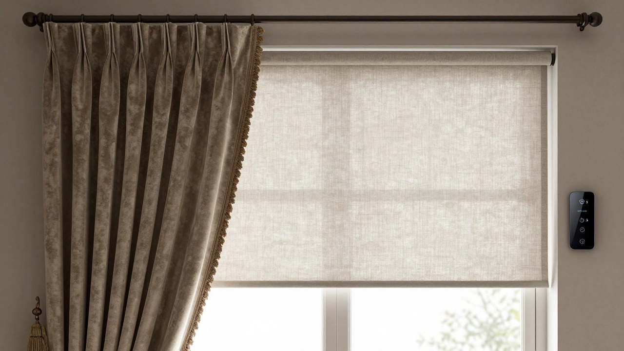 Split-window concept: traditional curtains on one side, smart roller shade on the other.
