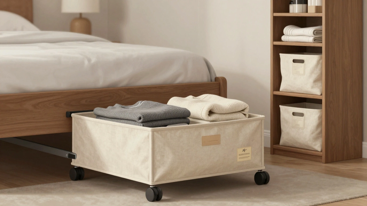Storage bins slide under a bed with a bookcase beside it holding labeled baskets.