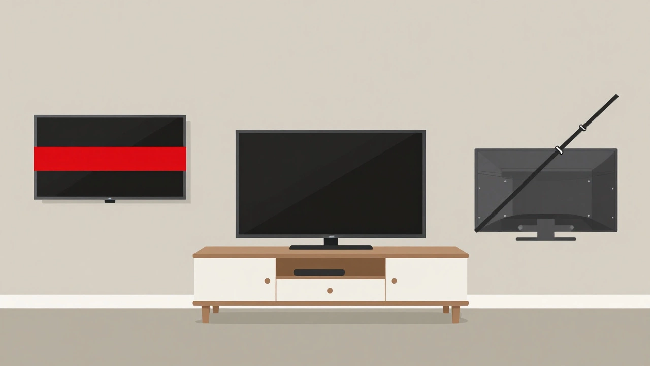 Three safe TV mounting options: wide stand, wall mount, and safety strap, with warning contrast.