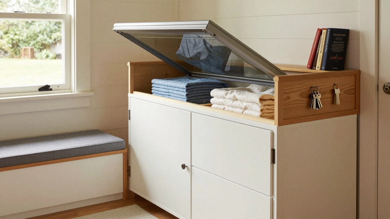 Under-stair laundry room with sliding drawers, window seat storage, and a hidden key compartment in a book.