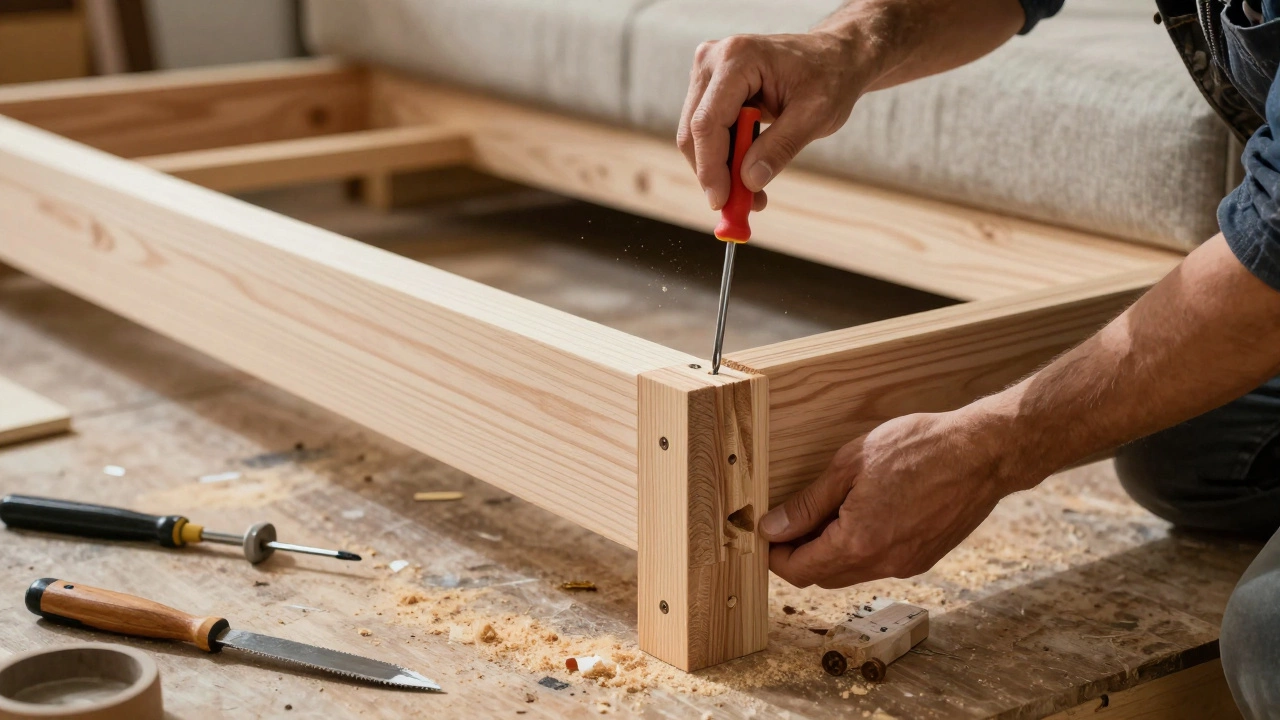 A craftsman examining a solid hardwood sofa frame with mortise-and-tenon joints in a workshop.