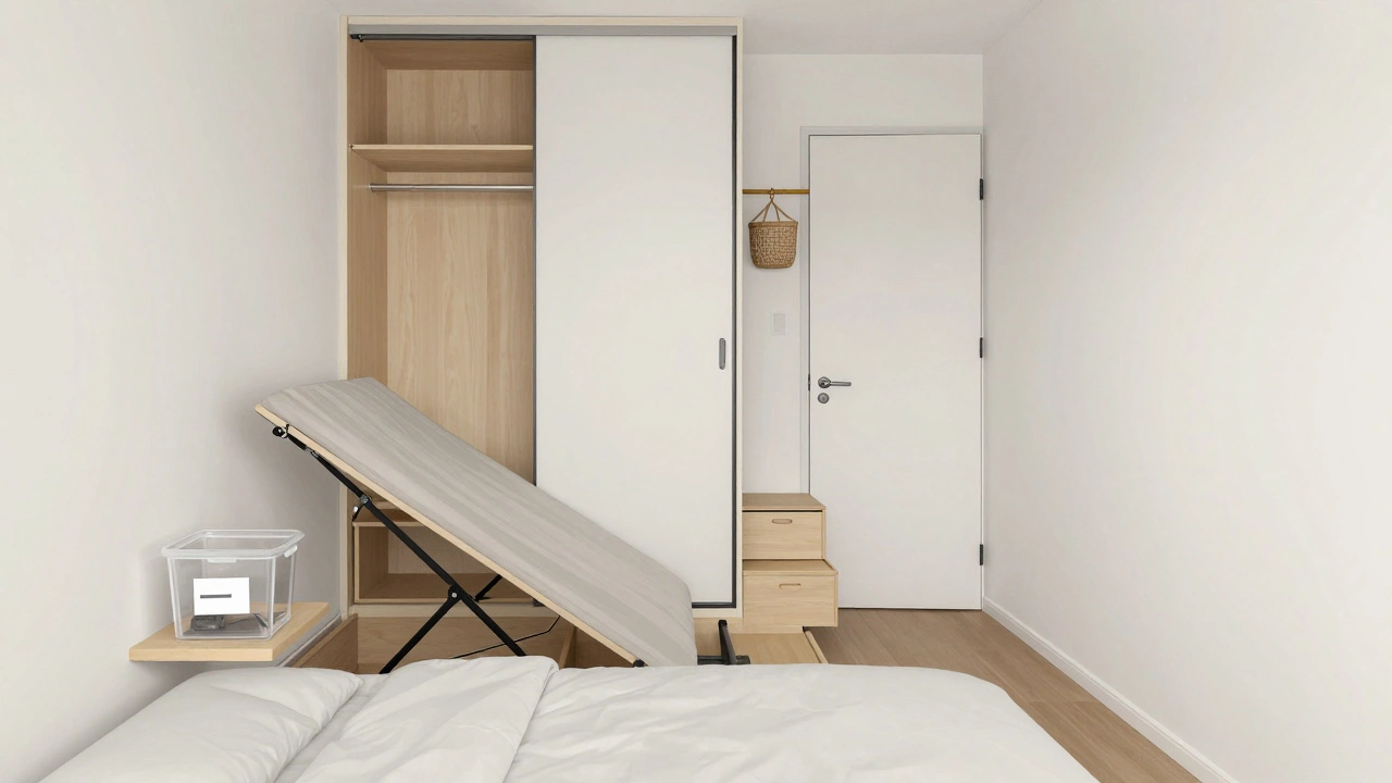 Bedroom with under-bed storage, sliding wardrobe, and under-stair drawers, organized and tidy.