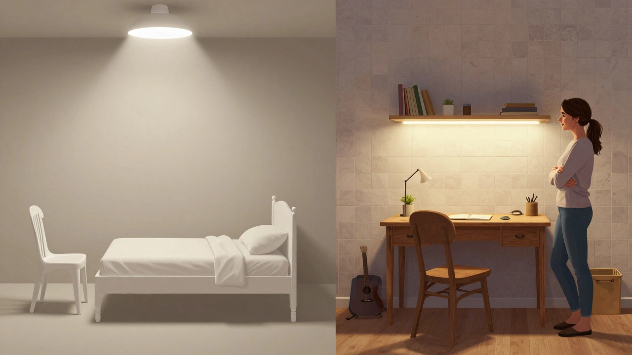 Before and after view of a bedroom turned calm with vintage furniture and soft lighting.