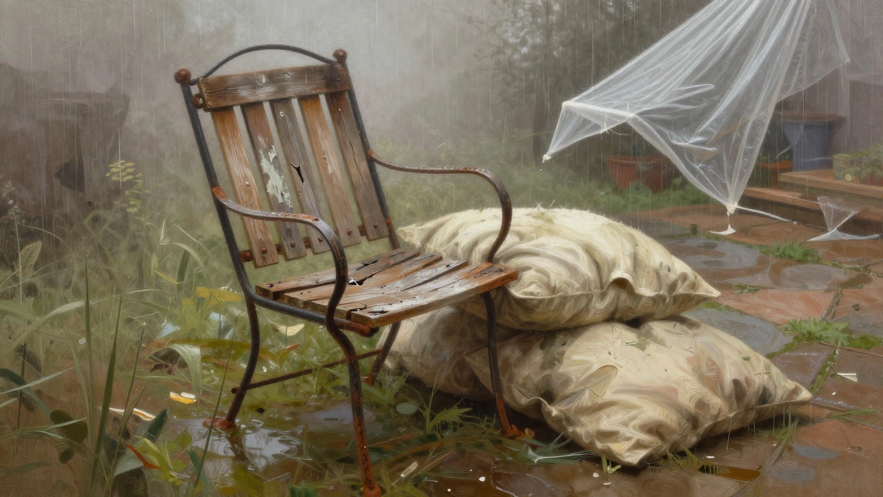 Damaged garden chair with cracked wood, rusted frame, and moldy cushions after winter neglect.