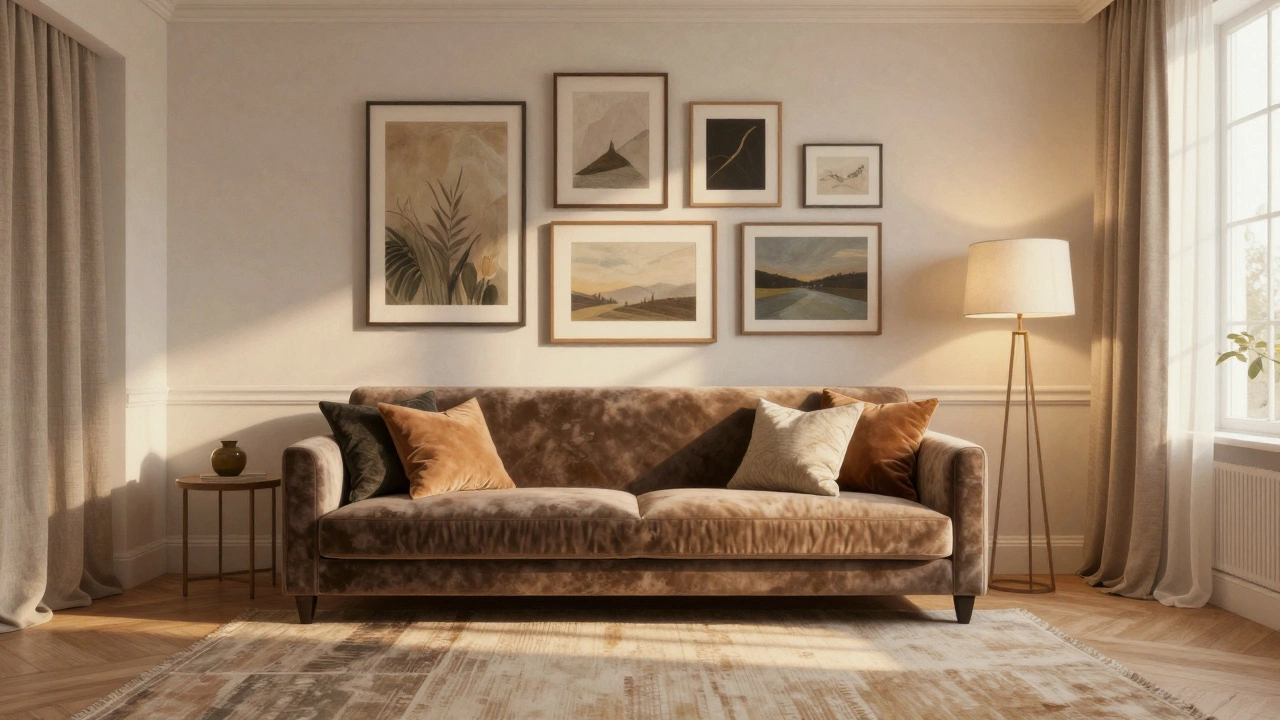 Decorator styling a living room with velvet sofa, gallery wall, and soft lighting.