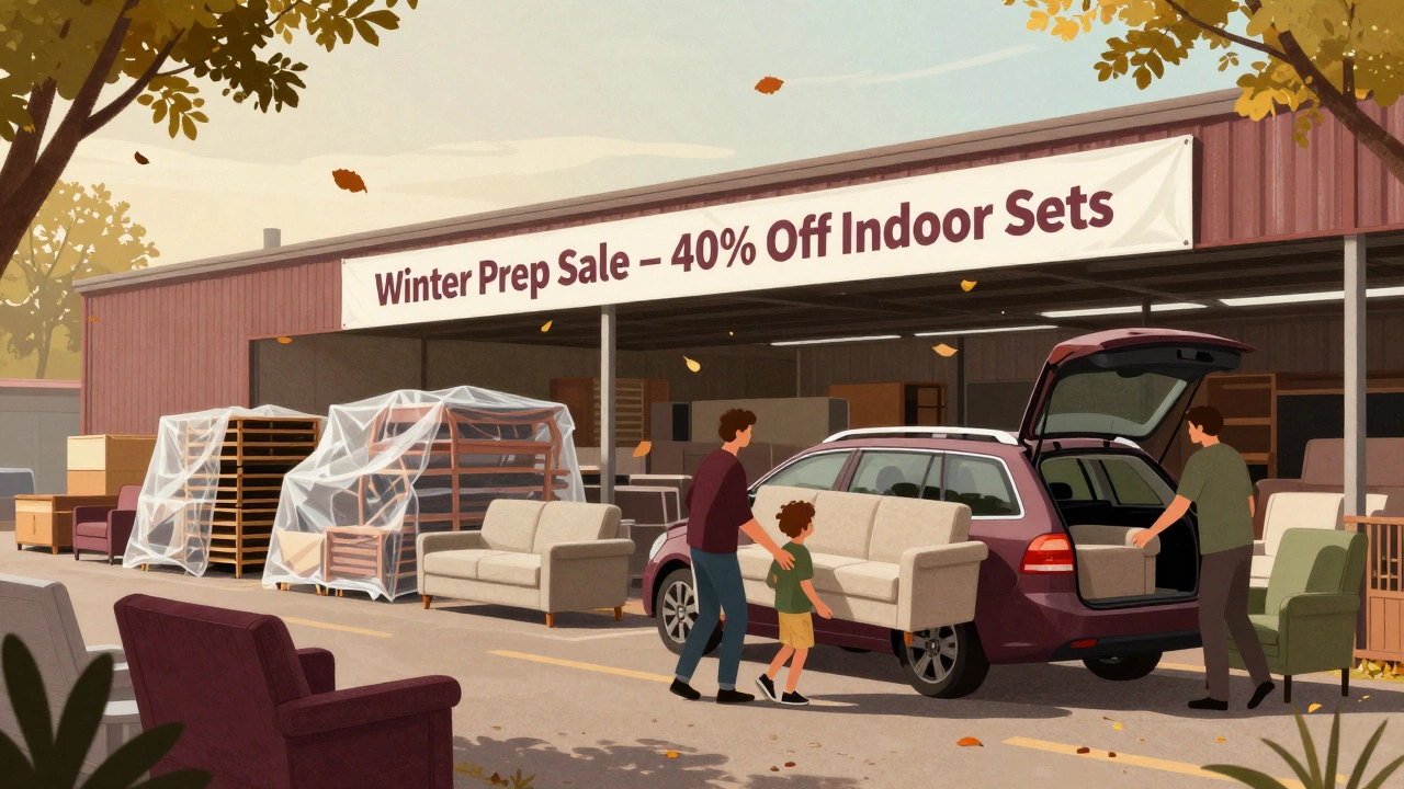 Family loading furniture into a car during Labour Day weekend sale with autumn leaves around.