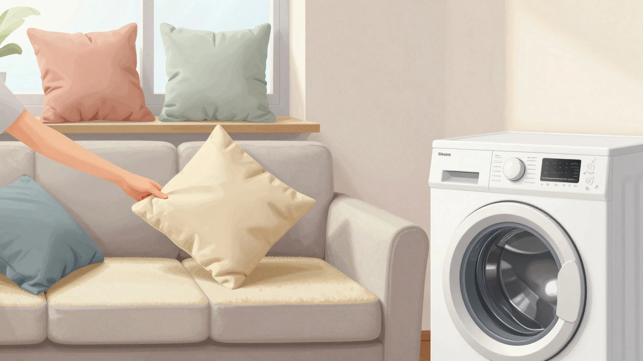 Hand flipping a sofa cushion while spare covers sit on a shelf, showing maintenance routine.