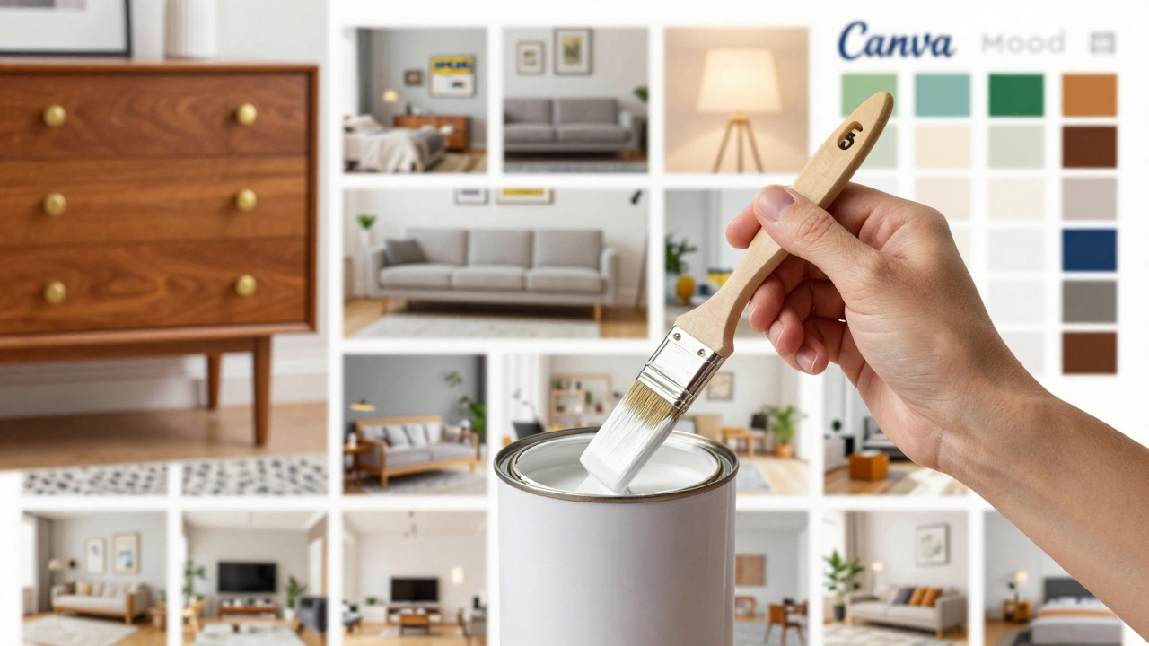 Hand painting a dresser with floating thrifted finds and design tools in a dreamy background.