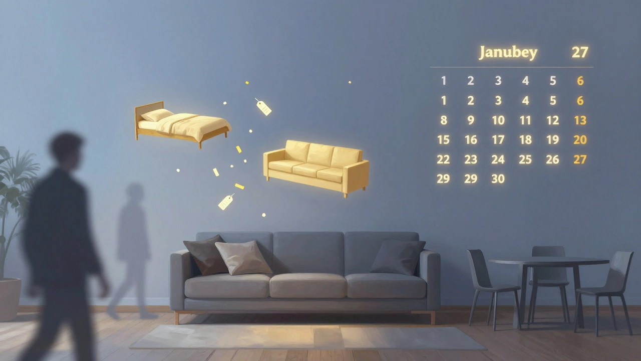 Minimalist living room with glowing holiday dates and floating furniture icons dropping in price.
