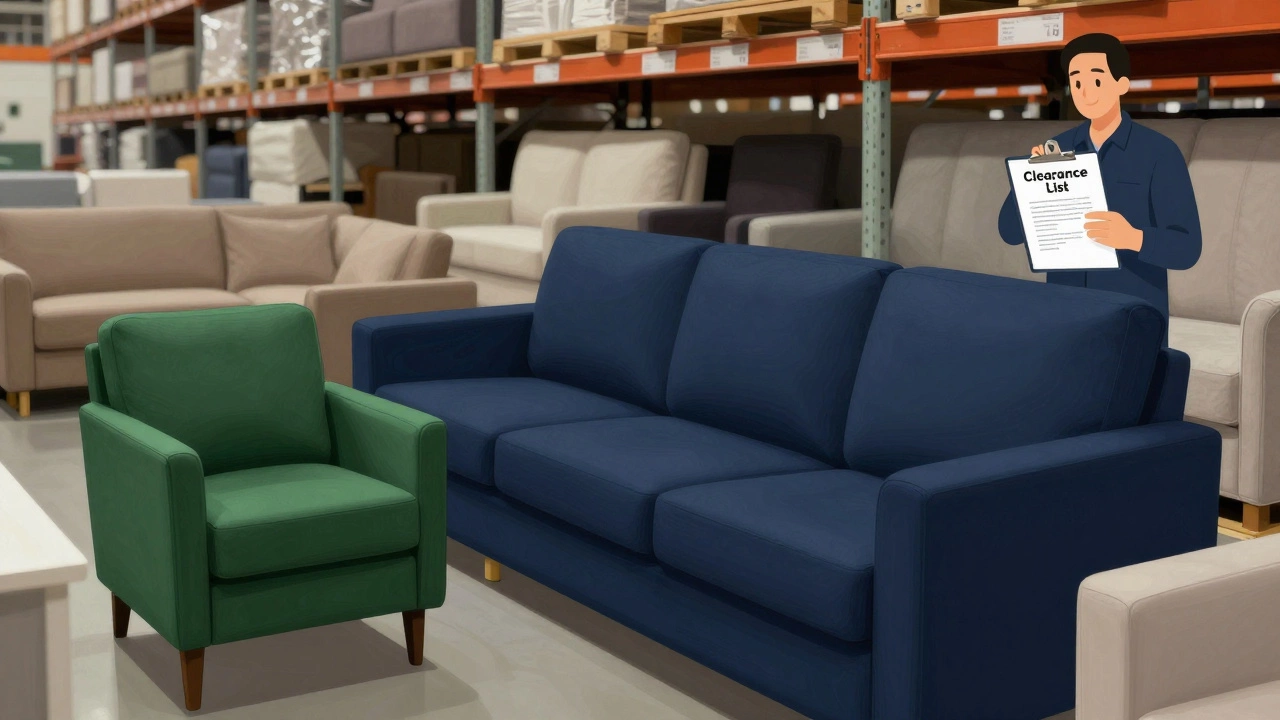Overstocked bold-colored sofas and chairs tucked away in a warehouse aisle, with an employee holding a clearance list.