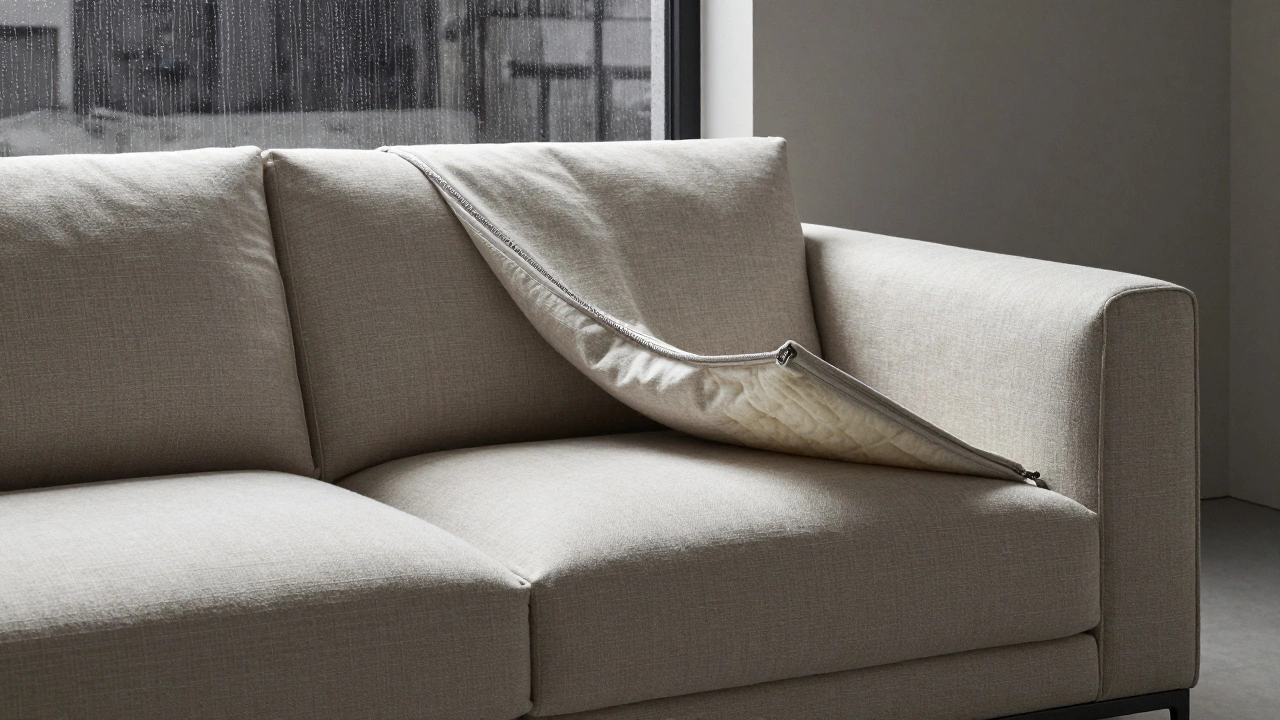 Sleek sofa with removable cushion covers lifted slightly to reveal inner foam core.