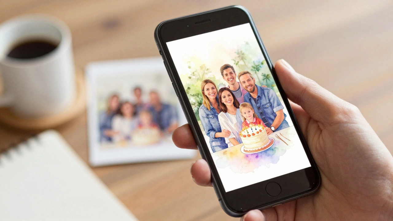 Smartphone screen showing a before-and-after of a family photo turned into watercolor art.