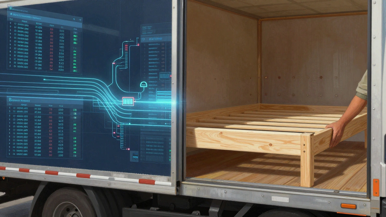 Split scene showing AI inventory systems and local furniture being loaded for delivery, representing smarter production.