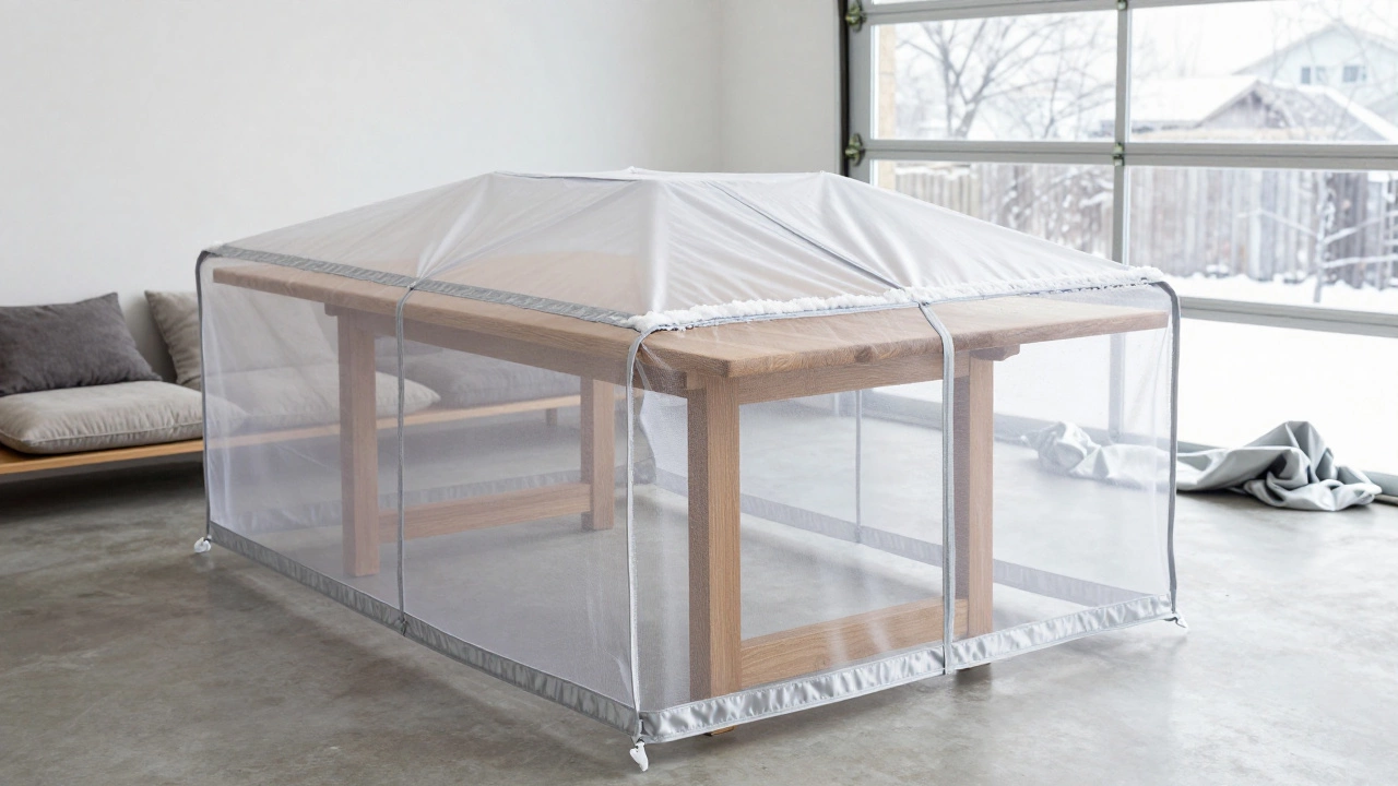 Teak table covered with breathable winter cover, cushions stored safely in a garage.