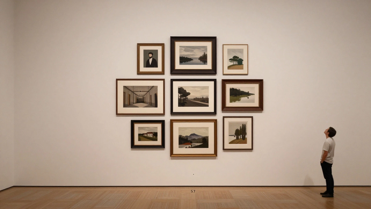 A balanced gallery wall of five framed artworks, with the entire group’s center aligned at eye level on a neutral wall.