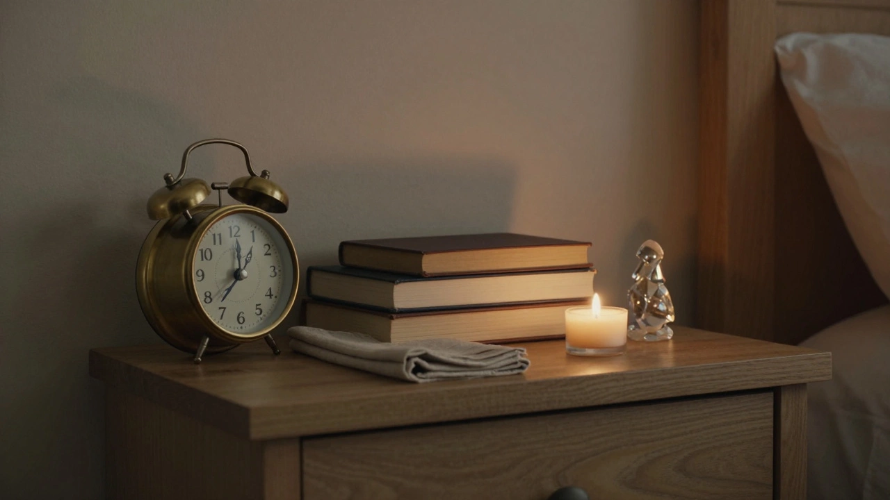 A bedroom shelf with a brass clock, stacked books, and a crystal figurine in balanced arrangement.