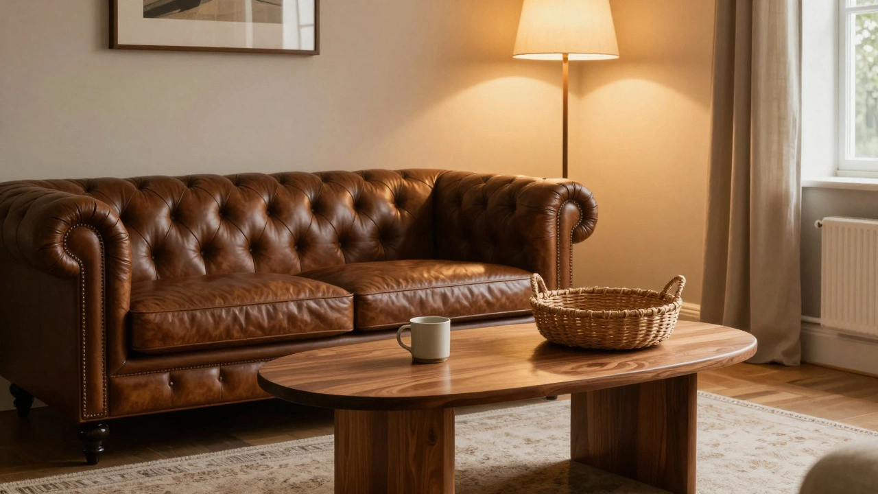 A Chesterfield sofa paired with an oval walnut coffee table, lit warmly by a floor lamp in a cozy British home.