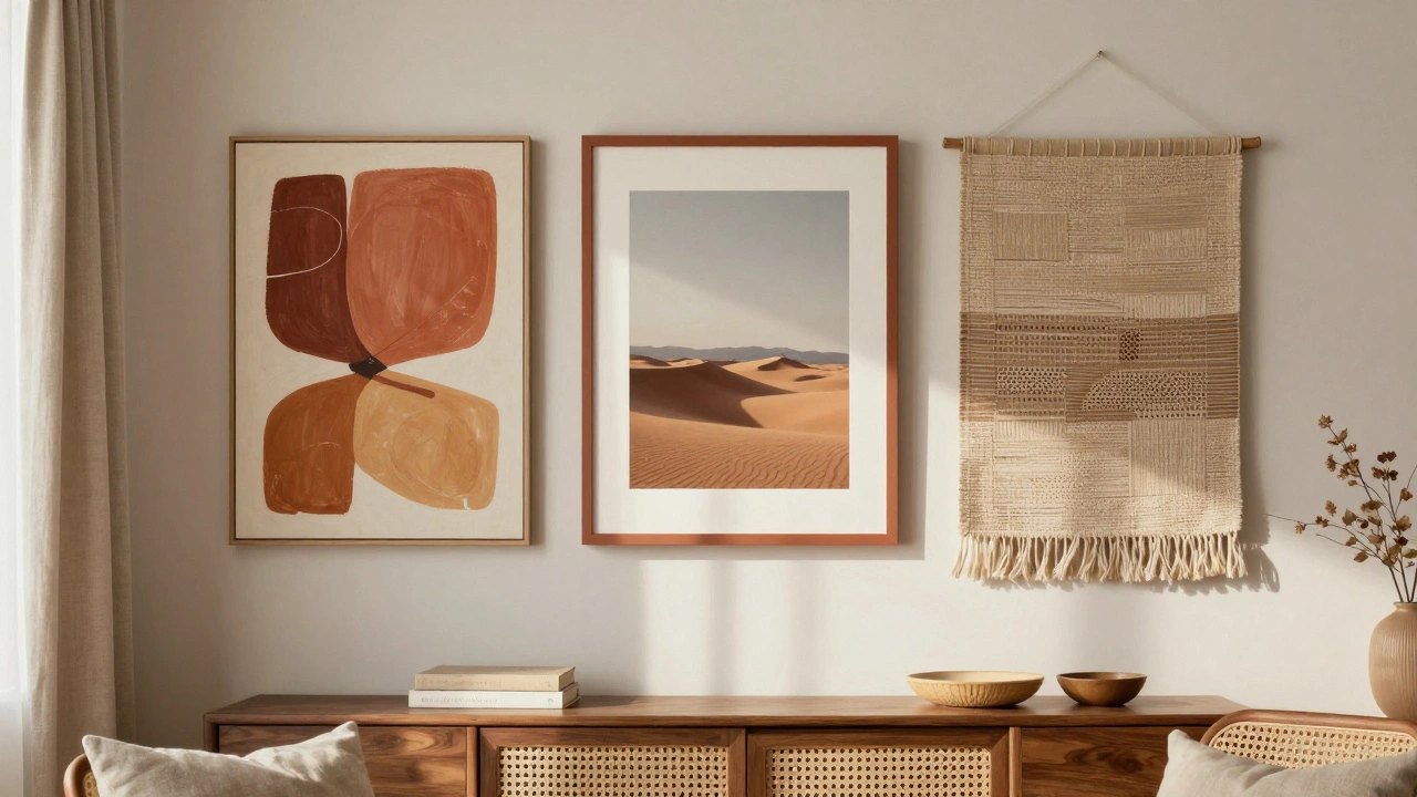 A gallery wall of earthy-toned art including painting, photograph, and tapestry, set in a cozy room with wood and rattan accents.