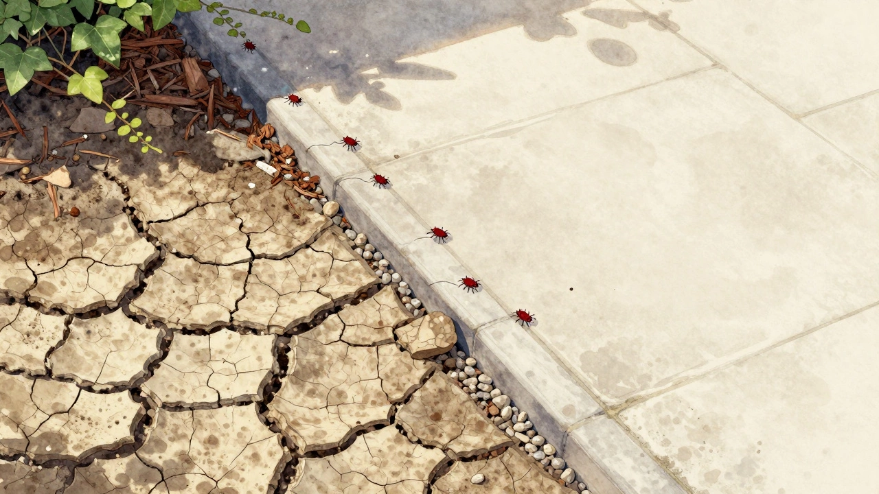A gravel barrier separating overgrown, damp vegetation from a clean, dry patio to prevent mite invasion.