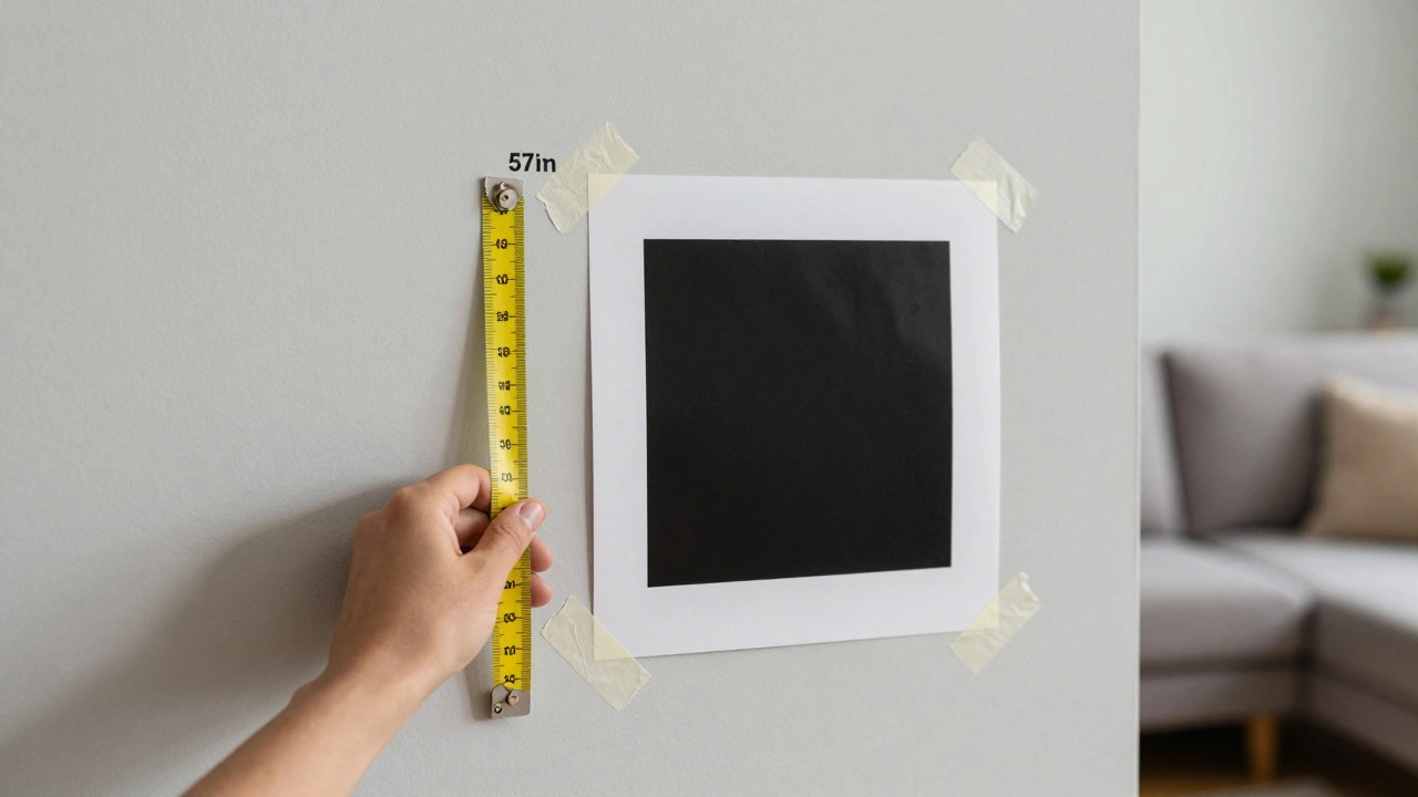 A hand holding a measuring tape marking 57 inches on a wall, with a framed print temporarily taped in place.