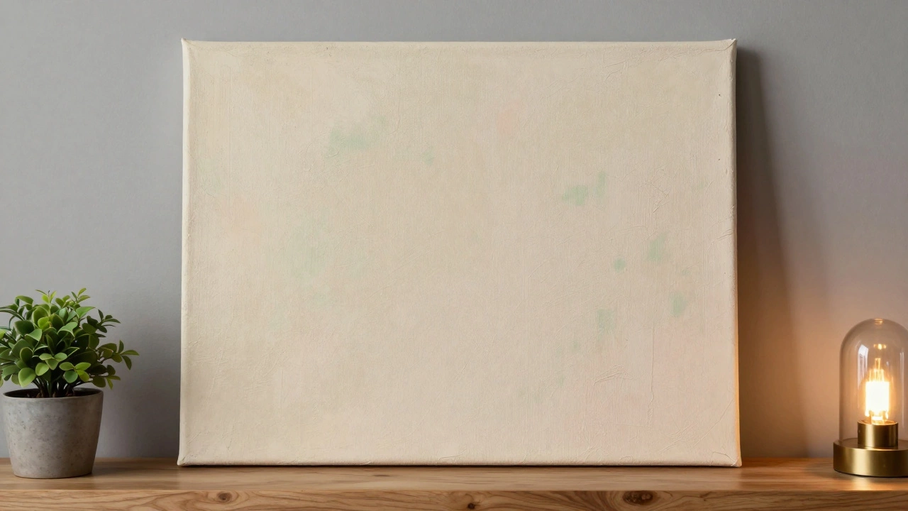 A textured beige canvas on a walnut shelf beside a brass lamp, with a gray wall in the background.